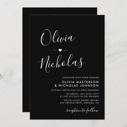 Moderne kalligraphische Monogram QR Code Black Wed Einladung (Vorne/Hinten)