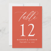 Moderne kalligraphische Orange Wedding-Tischnummer (Vorderseite)