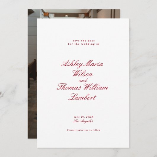 Moderne kalligraphische Rote Hochzeit retten das D Einladung (Vorne/Hinten)