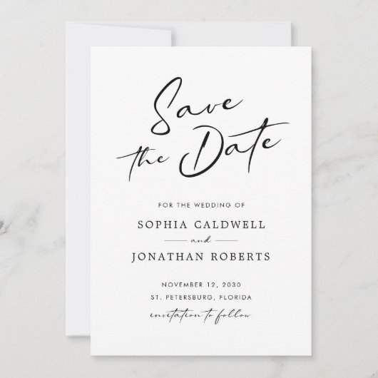 Moderne kalligraphische Schwarz-Weiß-Einfache Hoch Save The Date (Vorderseite)