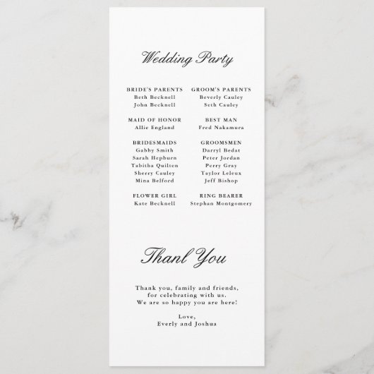 Moderne kalligraphische Schwarz-Weiß-Hochzeit Programm (Rückseite)