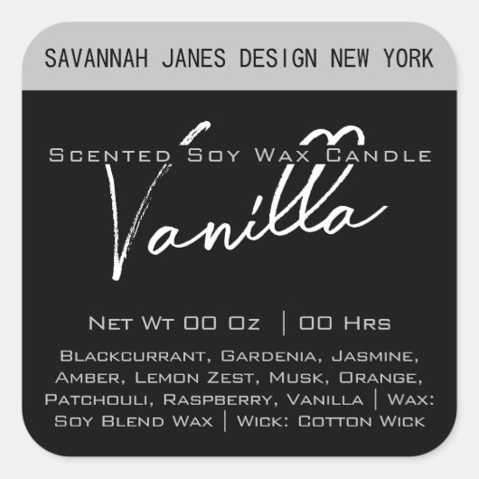 Moderne kalligraphische Schwarz-Weiß-Kerzen-Labels Quadratischer Aufkleber (Vorderseite)