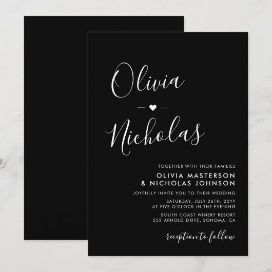 Moderne kalligraphische Script Monogram Black Wedd Einladung (Vorne/Hinten)