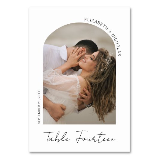 Moderne kalligraphische Skriptarchrahmen-Foto Hoch Tischnummer (Vorderseite)