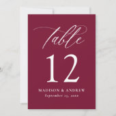 Moderne kalligraphische Tischnummer Burgundy Weddi (Vorderseite)