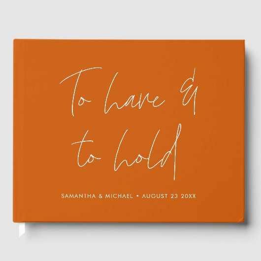 Moderne kalligraphische Vows Burnt Orange Wedding Gästebuch (Vorderseite)