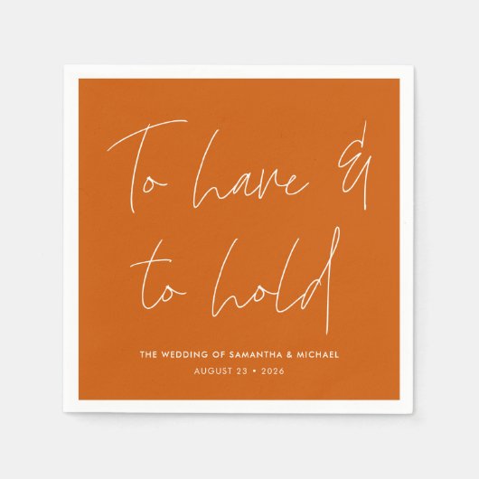 Moderne kalligraphische Vows Burnt Orange Wedding Serviette (Vorderseite)