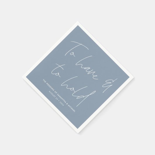 Moderne kalligraphische Vows Dusty Blue Wedding Serviette (Ecke)
