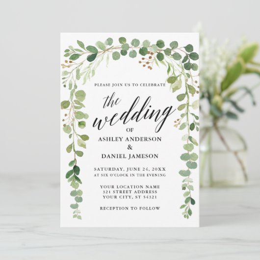 Moderne kalligraphische Watercolor Botanische Hoch Einladung (Stehend Vorderseite)