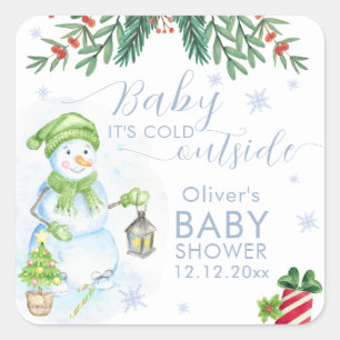 Moderne Kälte draußen Floraler Schneemann Baby Sho Quadratischer Aufkleber