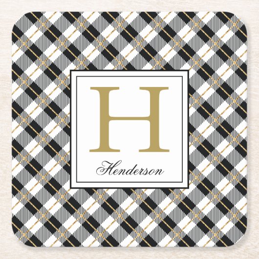 Moderne Karierte Karo Gold Akzente, Mit Monogramm Rechteckiger Pappuntersetzer (Vorderseite)