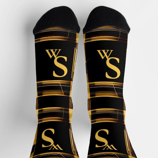 Moderne karierte Monogramm, abstrakt, gold und sch Socken (Oben)