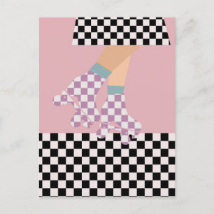 Moderne karierte Rollschuh laufende Mädchen Kunst Postkarte