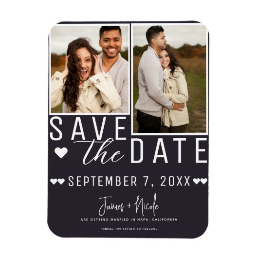 Moderne Karkohle Grau Save the Date 2 Foto Hochzei Magnet (Vertikal)