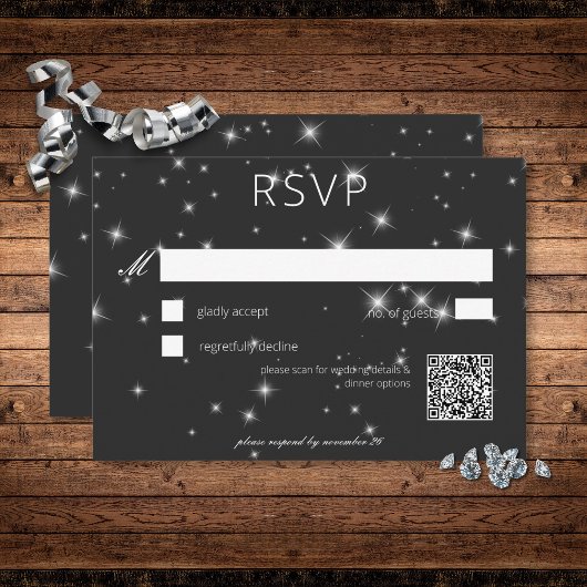 Moderne Karkohle-Schwarze Winter-Sparkle-Hochzeit RSVP Karte