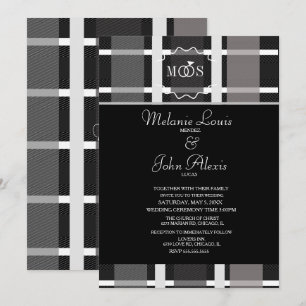 Moderne Karo Grau Schwarz Weiß Ring Logo Hochzeit Einladung