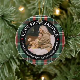 Moderne Karo-Kranz-Oma-Foto-Weihnachten Keramik Ornament