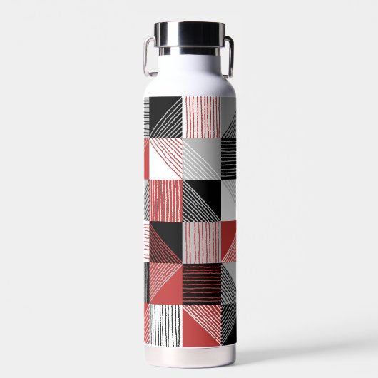Moderne Karos mit Linien, Schwarz, Rot, Weiß, Grau Trinkflasche (Vorne)