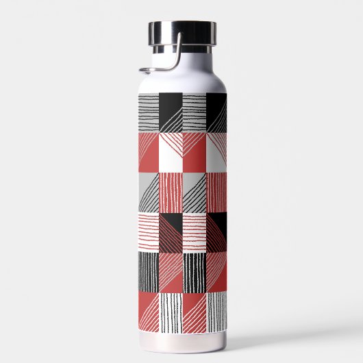Moderne Karos mit Linien, Schwarz, Rot, Weiß, Grau Trinkflasche (Rechts)