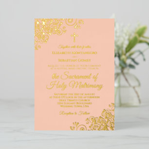 Moderne katholische Hochzeit Elegantes Coral Peach Folieneinladung