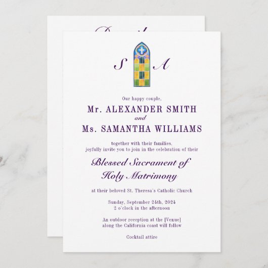 Moderne katholische Kirche Lila All-in-One Hochzei Einladung (Vorne/Hinten)