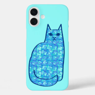 Moderne Katze, Aqua und Navy Blue aus dem Mittelal iPhone 16 Plus Hülle