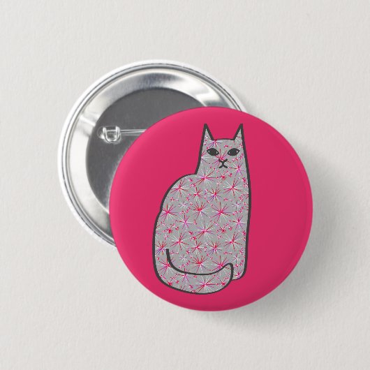 Moderne Katze, grau / grau und rosa, Mitte des Jah Button (Vorne & Hinten)