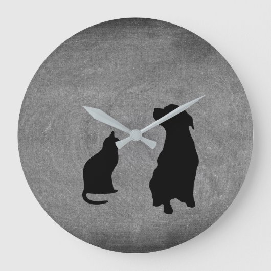 Moderne Katze & Hund Silhouetten Haustiere auf Kal Große Wanduhr (Vorderseite)