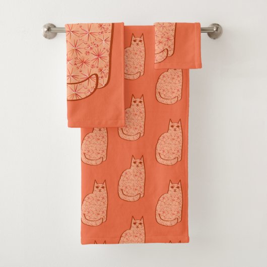 Moderne Katze, Korallenorange und Weiß des Mittelj Badhandtuch Set (Insitu)