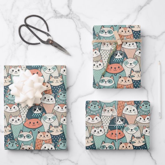 Moderne Katzenfiguren Muster Geschenkpapier Set (Vorderseite)