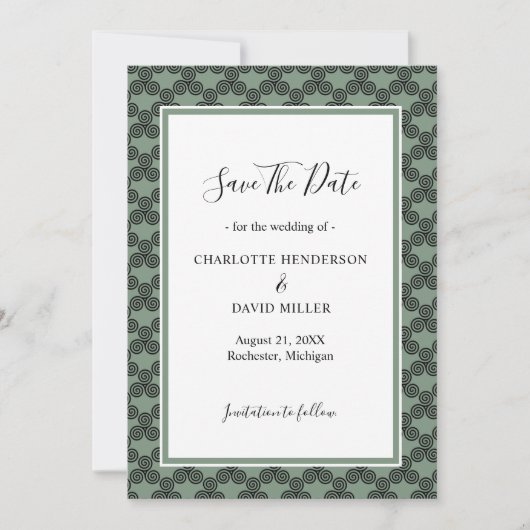 Moderne keltische Knot Green Irish Wedding Save The Date (Vorderseite)