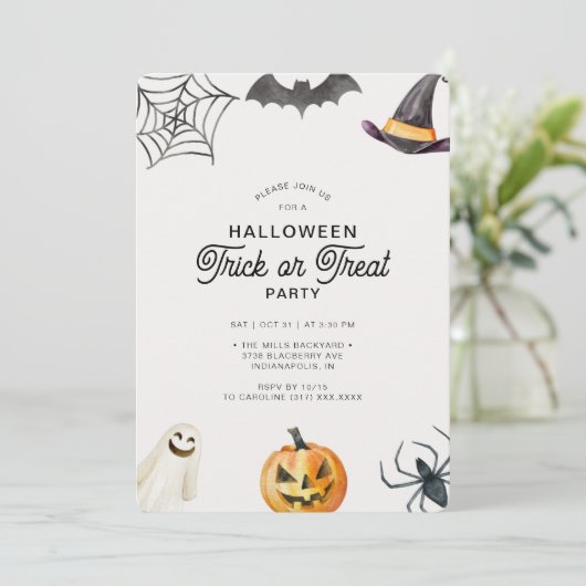 Moderne Kids Halloween Trick oder Treat Party Einladung (Stehend Vorderseite)