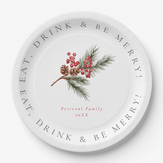 Moderne Kieferzweige & Berries Weihnachten Pappteller (Vorderseite)