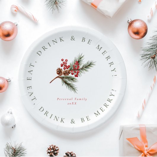 Moderne Kieferzweige & Berries Weihnachten Pappteller