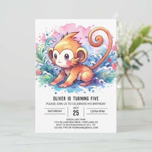 Moderne Kinder Affe Geburtstag Einladung (Stehend Vorderseite)