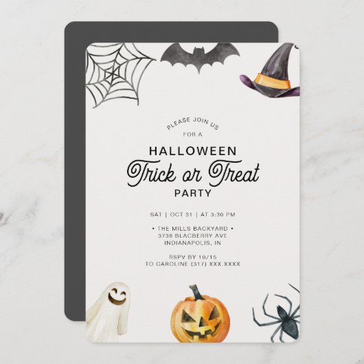 Moderne Kinder Halloween Gray Trick oder Treat Par Einladung (Vorne/Hinten)