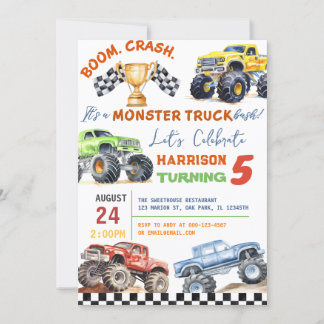 Moderne Kinder Monster Trucks Geburtstagsparty Einladung