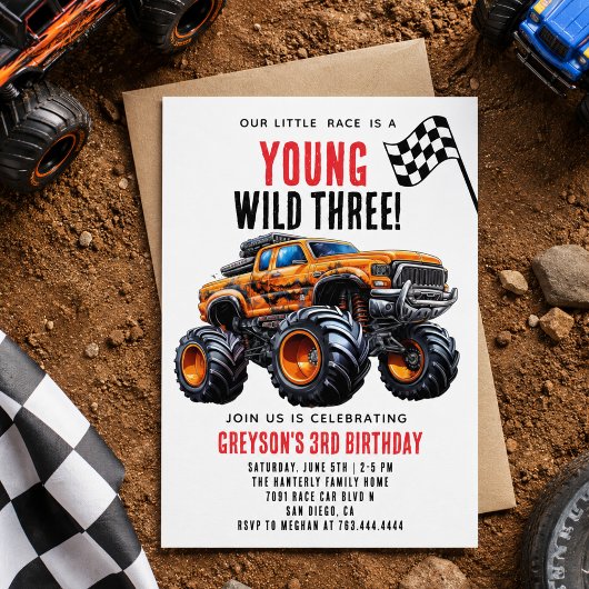 Moderne Kinder Monster Trucks Geburtstagsparty Einladung