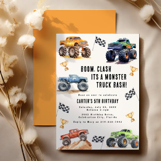 Moderne Kinder Monster Trucks Geburtstagsparty Einladung