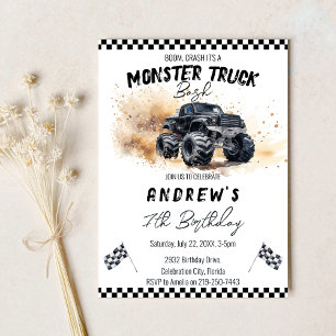 Moderne Kinder Schwarzes Monster Trucks Geburtstag Einladung