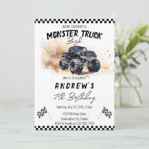 Moderne Kinder Schwarzes Monster Trucks Geburtstag Einladung