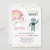 Moderne Kinderroboter und Einhornschellen zum Gebu Einladung (Vorderseite)