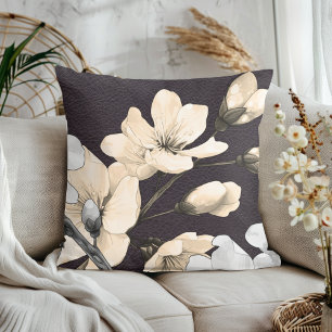 Moderne Kirschblüten aus schwarzem Leder Kissen