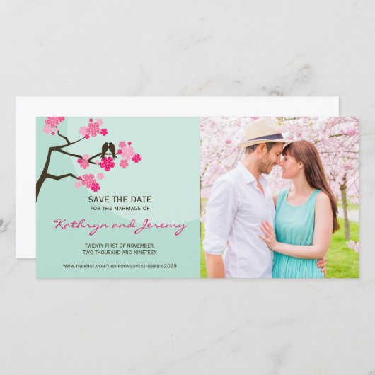 Moderne Kirschblüten lieben Vögel Save the Date (Vorne/Hinten)