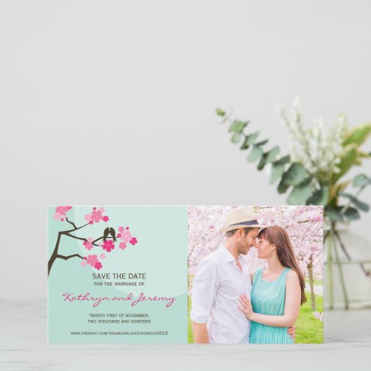Moderne Kirschblüten lieben Vögel Save the Date (Stehend Vorderseite)