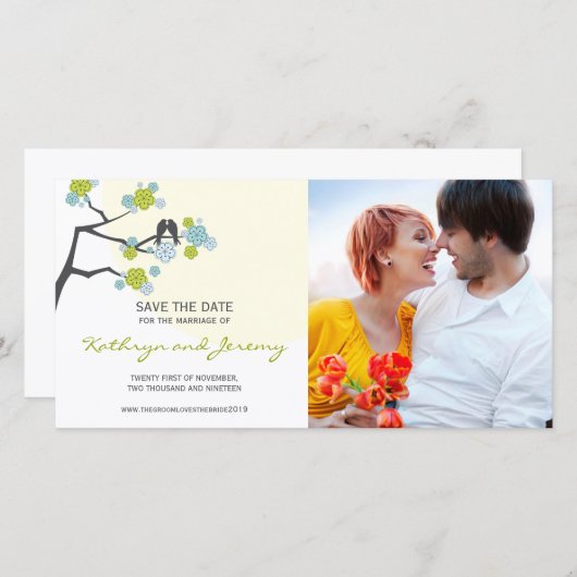 Moderne Kirschblüten lieben Vögel Save the Date (Vorne/Hinten)