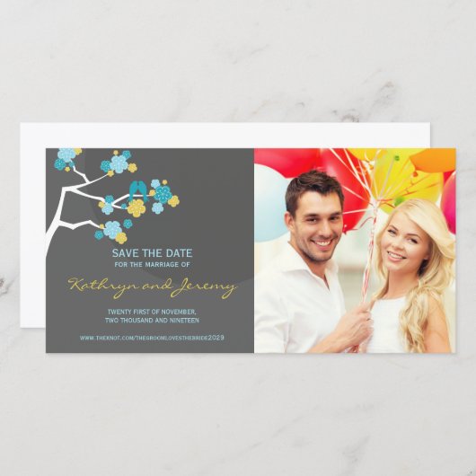 Moderne Kirschblüten lieben Vögel Save the Date (Vorne/Hinten)