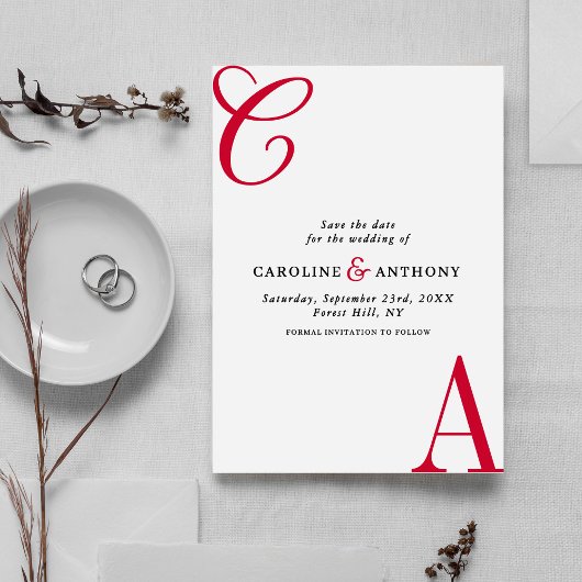 Moderne Kirsche Kodierte Minimalistische Monogramm Save The Date