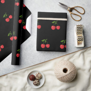 Moderne Kirschfruchtmuster Schwarz & Rot Geschenkpapier
