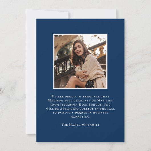 Moderne Klasse 2025 Navy-2-Foto-Abschluss Ankündigung (Rückseite)